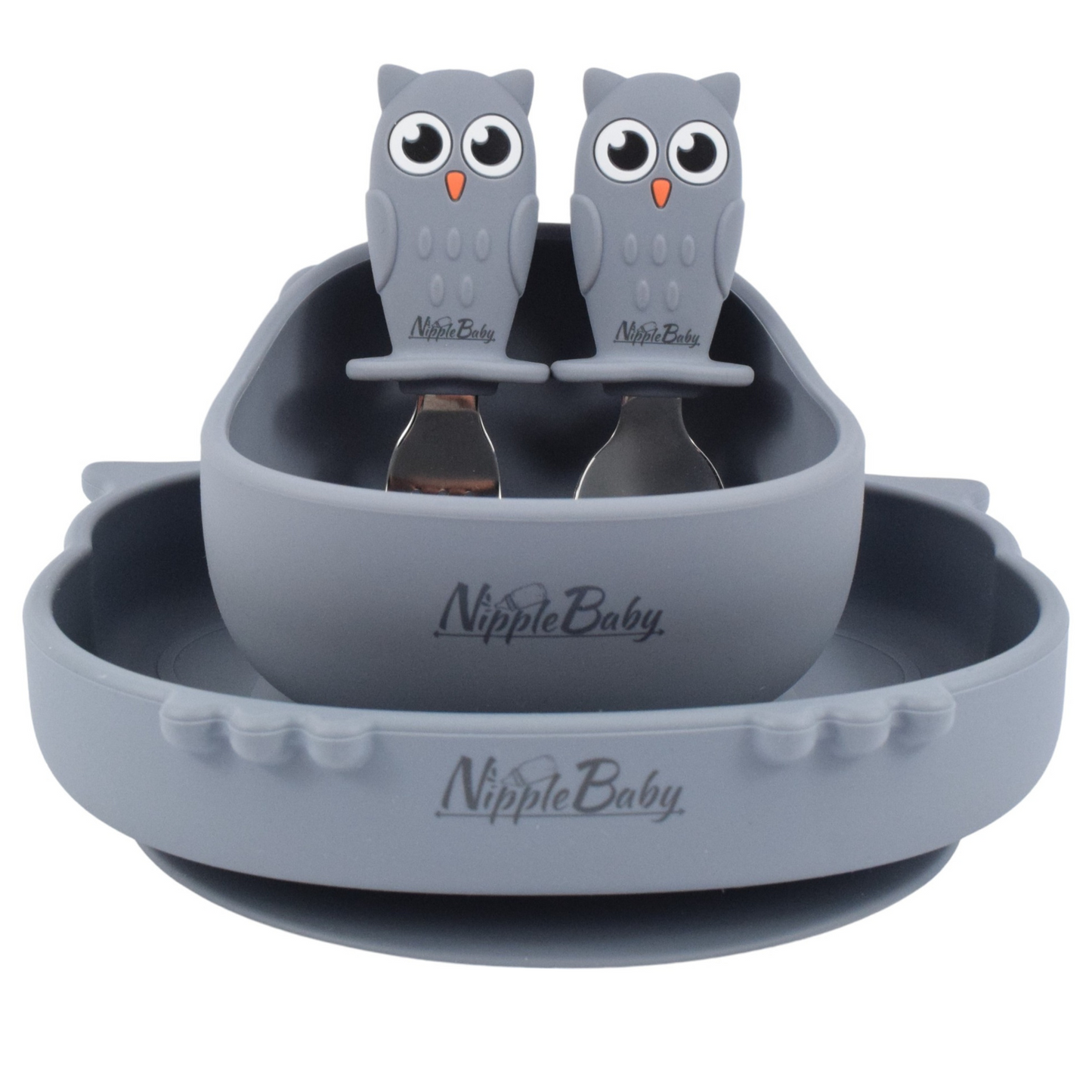 Set pentru masa copilului - 4 piese - NippleBaby, Bufnita, Albastru mat