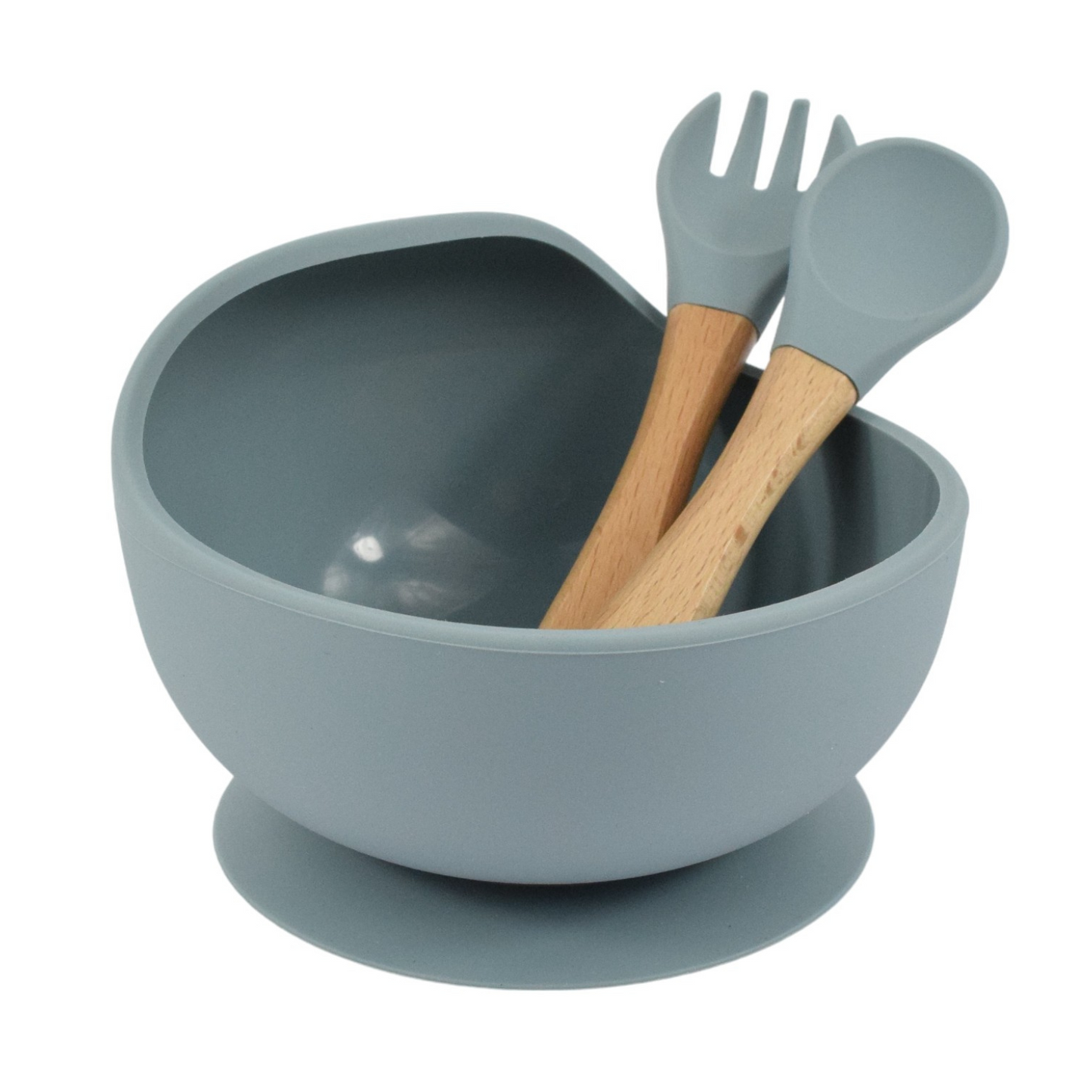 Bol din silicon cu ventuza si tacamuri cu maner din bambus, dusty blue