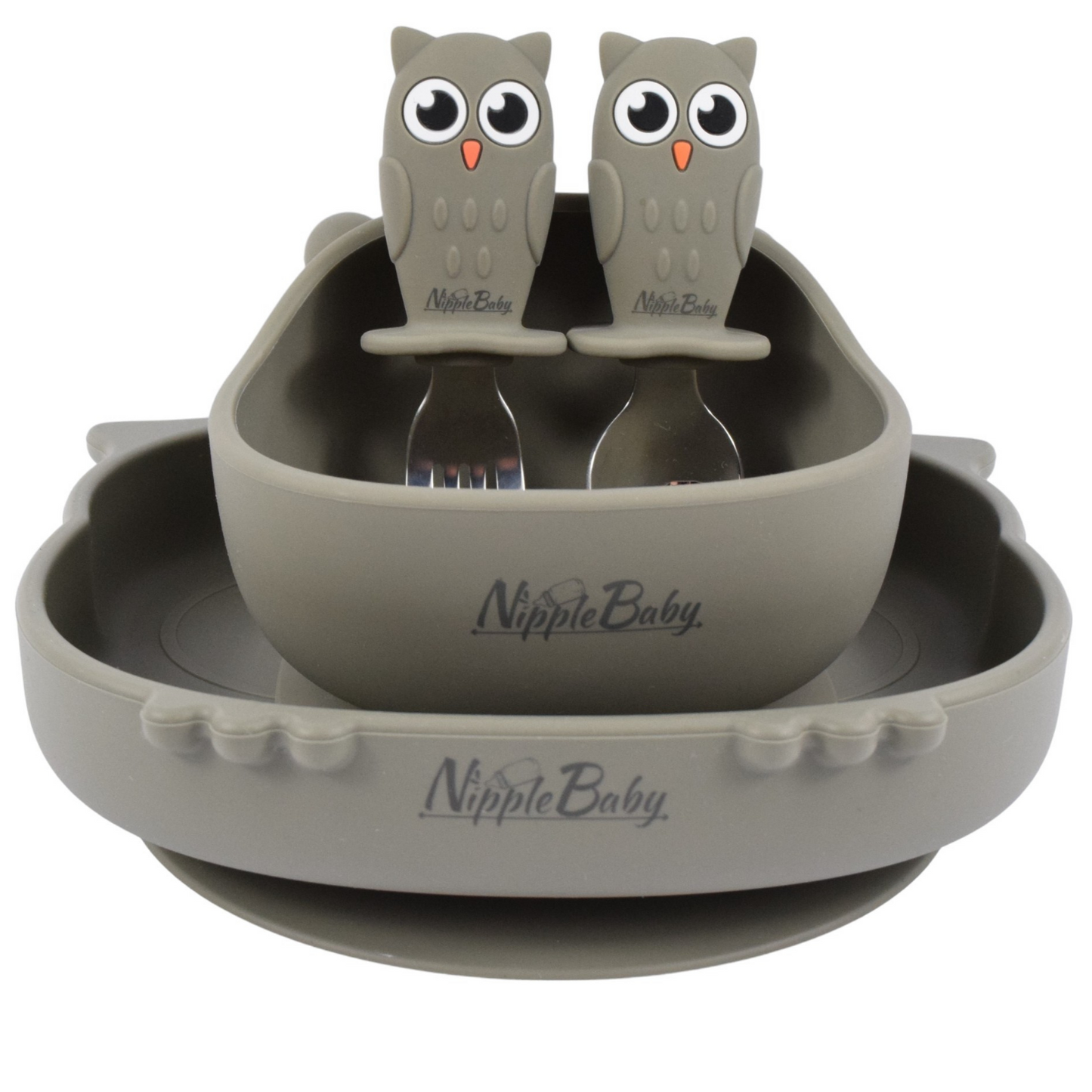 Set pentru masa copilului - 4 piese - NippleBaby, Bufnita, Gri mat