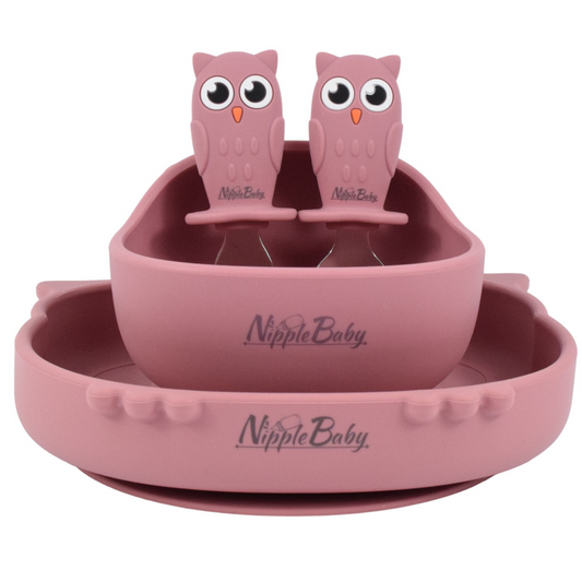 Set pentru masa copilului - 4 piese - NippleBaby, Bufnita , Roz mat
