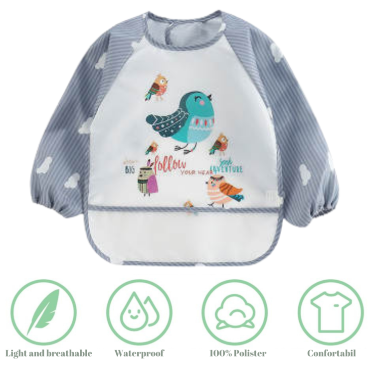 Baveta impermeabila cu maneci lungi - model pasari