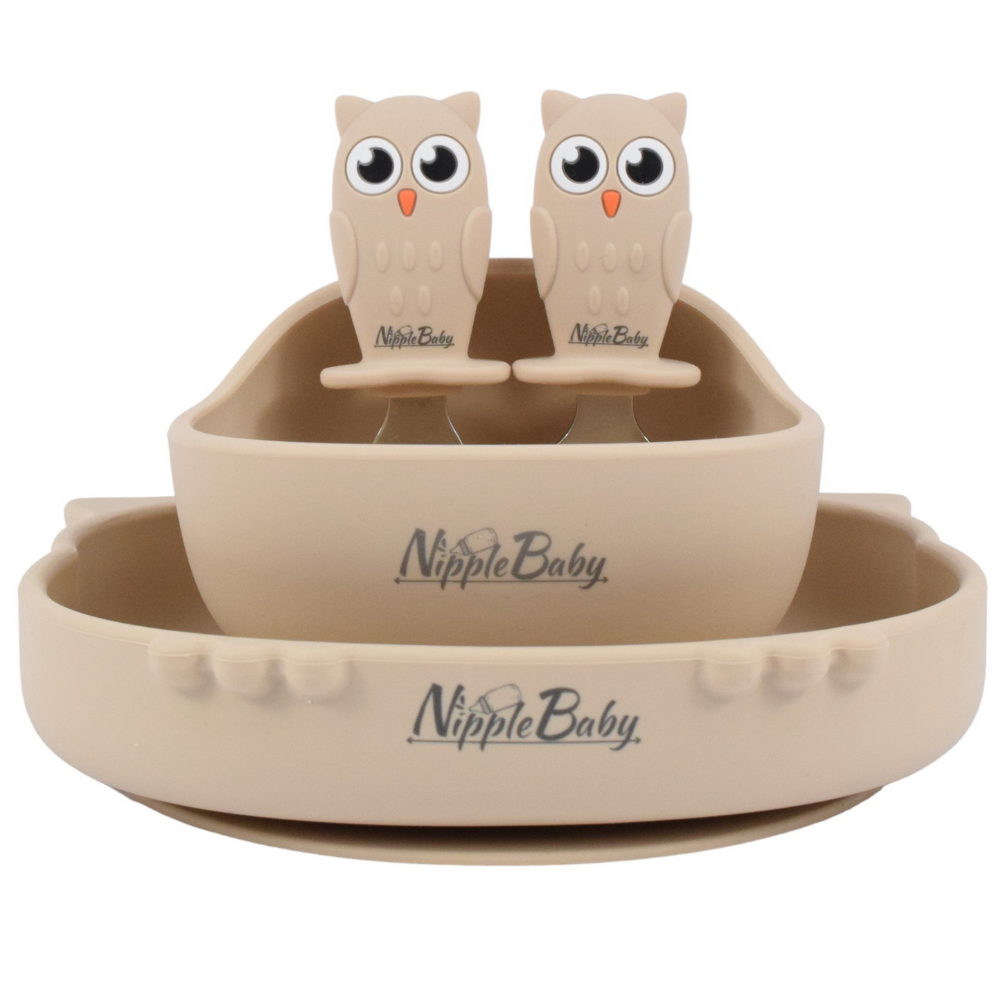 Set pentru masa copilului - 4 piese - NippleBaby, Bufnita, Crem
