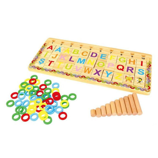 Puzzle din lemn decupat cu cife si litere colorate, interactiv si educativ