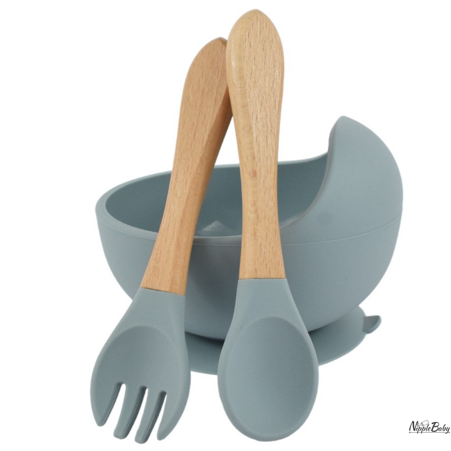 Bol din silicon cu ventuza si tacamuri cu maner din bambus, dusty blue