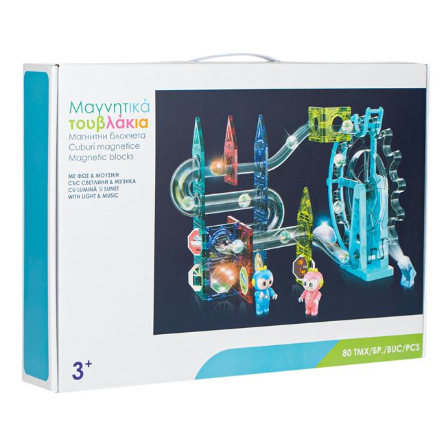 Set inteligent de constructie magnetic cu 80 piese colorate cu muzica si lumini, NippleBaby