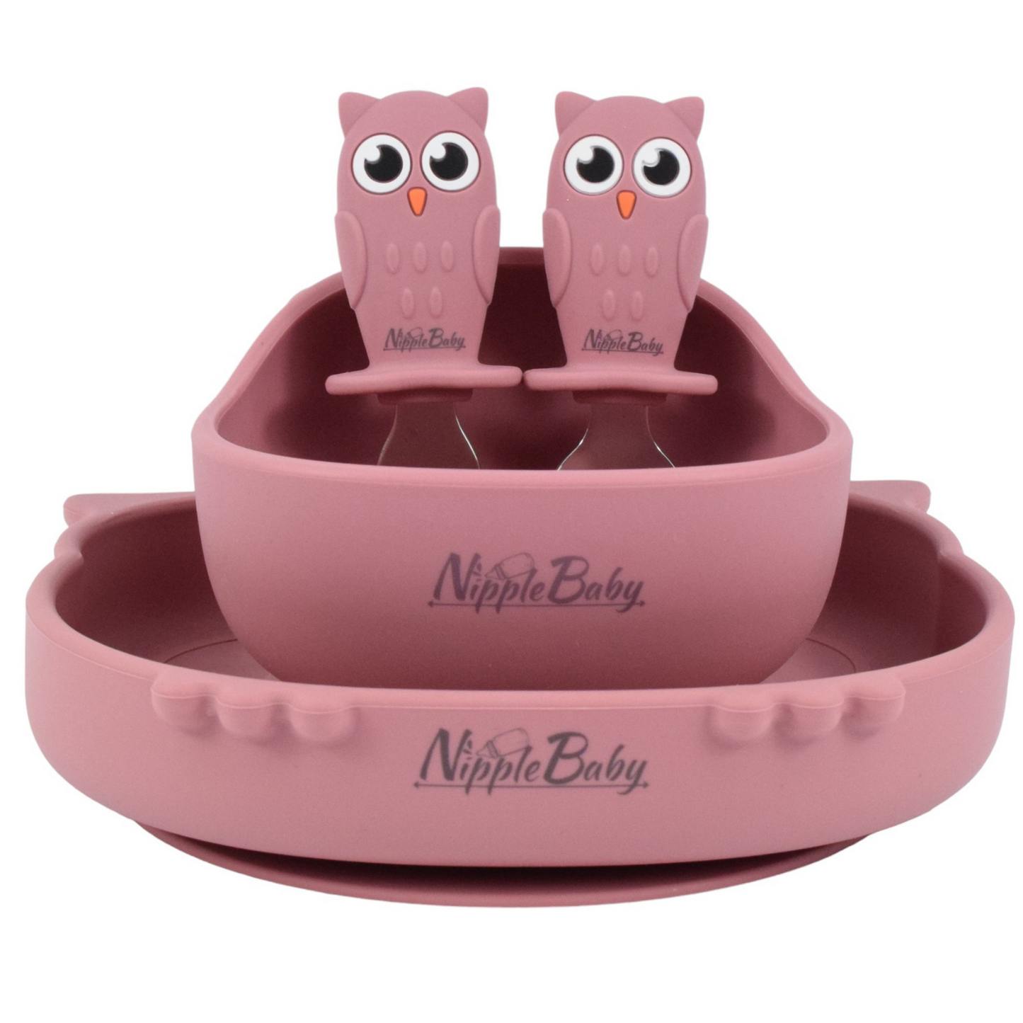 Set pentru masa copilului - 4 piese - NippleBaby, Bufnita , Roz mat